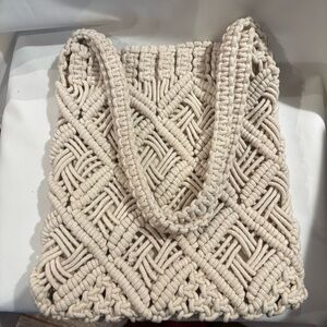 LONDON KAYE Tote Bag Macrame Off White Woven Top Handle Strap Lined